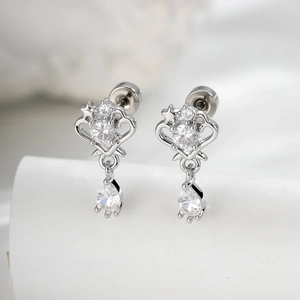 Heart Waterdrop Pendant Cartilage Piercing Stud Titanium Steel Copper Zircon Crown Vintage Helix Earring For Women