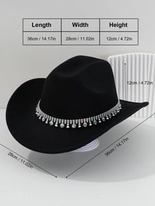 Detailed dimensions of a black cowboy hat with silver beads and rhinestone tassels