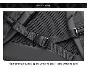Detail of durable plastic quick-release buckle and breathable mesh back on the backpack