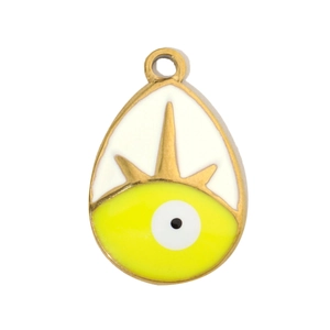Macro shot of waterdrop evil eye pendant with yellow enamel and gold trim finish