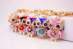 Detailed view of five colorful owl keychains with sparkling crystals and gold plating