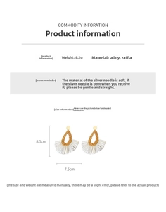 Detailed view showing dimensions 8.5cm by 7.5cm of bohemian raffia fan earrings