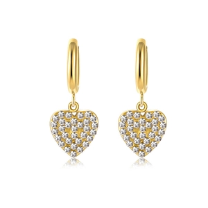Elegant gold heart earrings with white zircon pavé setting and classic hoop closure