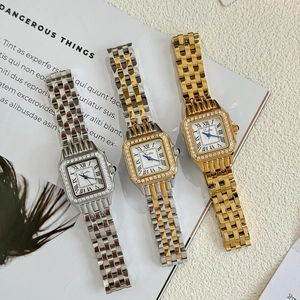 Women's square quartz watch with Roman numerals and crystal bezel in three metal finishes