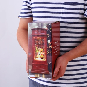 Detailed view of the Christmas Santa phone booth lantern gift box with technical specs