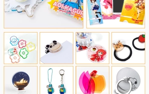 Detailed grid of assorted acrylic keychains, coasters, and phone grips on white surface