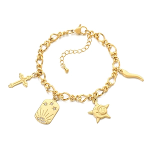 Gold-plated stainless steel charm bracelet with sun, moon and cross pendants