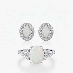 925 Sterling Silver Oval Synthetic Opal Ring And Stud Earrings With 925 Sterling Silver Earring Post Zircon For Women