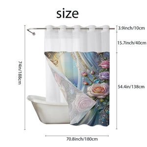 Waterproof shower curtain size chart with detailed height and width dimensions in cm and inches