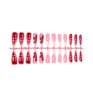 Long almond press-on nails with burgundy leopard prints and pink 3D floral designs