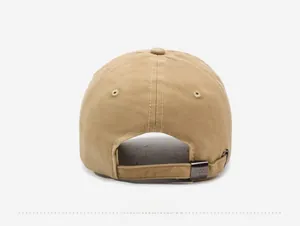 Rear view of khaki baseball cap featuring adjustable fabric strap and antique metal buckle