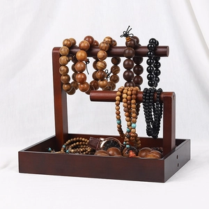 Double Layer Solid Wood Jewelry Display Stand Bracelet Watch Organizer T-Bar Holder With Tray Base Walnut Brown Finish