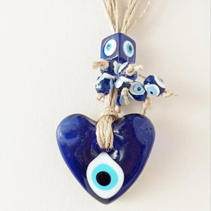 Squisita Decorazione da Appendere in Vetro Blu Malocchio Cuore Tondo Nazar Amuleto Con Corda di Canapa per Protezione Parete