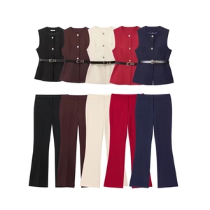 Gilet Sans Manches Et Pantalon Évasé Taille Haute Pour Femmes Sergé Polyester Col Rond Boutons Dorés Chic Business