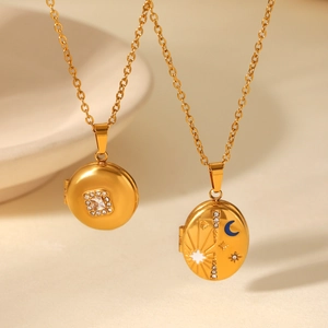 Golden stainless steel locket necklace featuring celestial star moon and crystal pendants