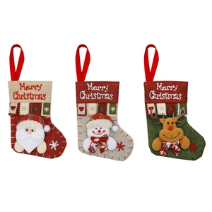 Three Christmas stockings featuring Santa, snowman, and reindeer with Merry Christmas text