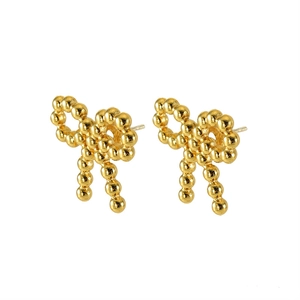 Polished 18k gold plated stainless steel bead bow earrings for women on white background