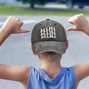 Kids vintage grey washed cotton baseball cap with white MINI embroidery for outdoor sun protection