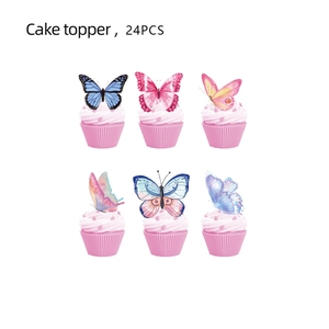 Detail showing 24PCS pink butterfly cake toppers on cupcakes for birthday parties