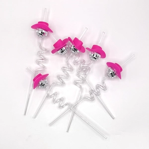 Set mit 6 klaren Spiralstrohhalmen, rosa Cowboyhüten und silbernen Discokugeln
