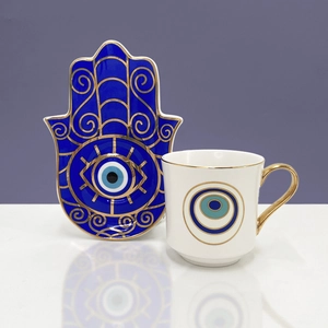 Set Tazzina da Caffè e Piattino Turco in Ceramica Con Piatto Mano di Fatima e Manico Oro Motivo Malocchio Regalo