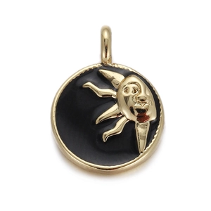 Vintage 18K gold plated sun face medallion pendant with black enamel and zircon inlay
