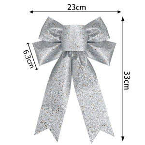 Glittery silver Christmas star bow decoration measuring 23x33cm for holiday tree topper