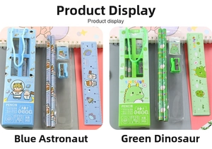 5-in-1 stationery set featuring HB pencils, ruler, and eraser in space and dinosaur themes
