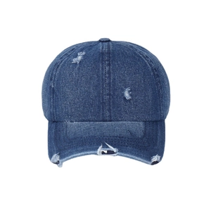 Deep blue distressed denim baseball cap with visible stitching and worn-out details