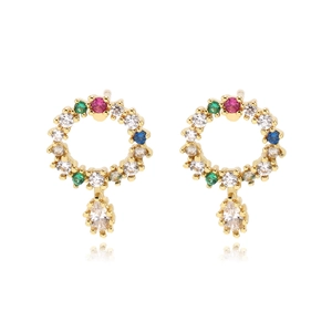 Elegant gold earrings with colorful zircon flower wreaths and clear teardrop pendants