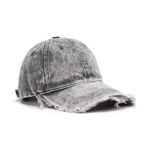 Vintage washed dark grey baseball cap with distressed frayed edges and breathable eyelets
