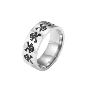 Polished 8mm stainless steel ring featuring black skull and crossbones motif