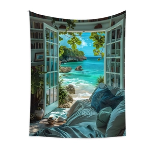 Detail of bohemian tapestry featuring tropical ocean window view and realistic decor print