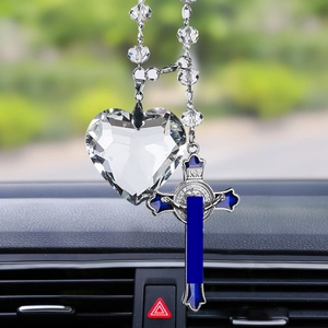 Car Rearview Mirror Hanging Ornament Faceted Crystal Heart Blue Enamel Alloy Crucifix Cross Auto Interior Decoration Gift