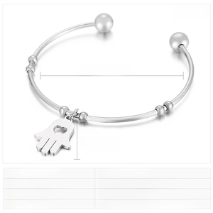 Macro view of Hamsa Hand stainless steel cuff bracelet with 62x2mm size measurement