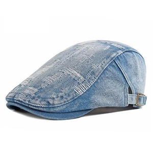 Vintage Distressed Denim Flat Cap For Men Women Adjustable Metal Buckle Ripped Ivy Cap Casual Retro Beret Hat