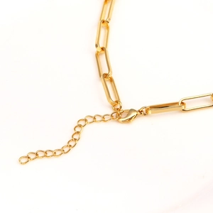 Detail of gold-plated paperclip chain with lobster clasp and adjustable extender