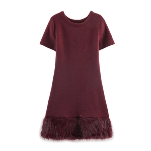 Elegant wine red short sleeve dress featuring premium faux fur trim and textured fabric
