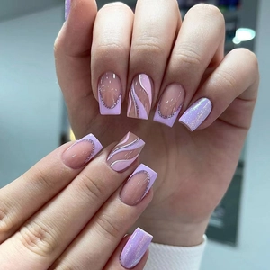 Lila Glitzer Galaxie Aufpressnägel Elegantes Wellendesign French Tip Quadratisch Rund Modische Falsche Nägel Für Damen Und Mädchen
