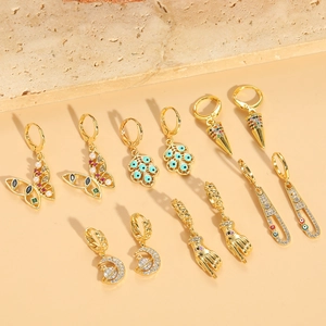 Orecchini a Goccia in Rame con Zirconia Farfalla Luna Mano Malocchio Vintage Stile Ins Oro Smalto Perla Artificiale Gioielli da Donna