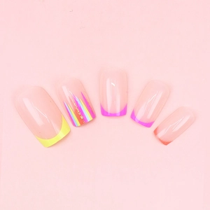 Detail of neon crescent French tip press-on nails with vertical stripes and gold flakes