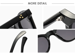 Detail view of round sunglasses featuring triple star metal studs and reinforced hinges
