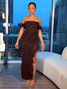 Elegant off-shoulder coffee brown maxi dress with ruffle layers and high side slit