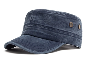 Detail view of navy washed cotton cadet cap with metallic side ventilation eyelets