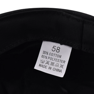 Detail view of the wash label showing 35% cotton, 65% polyester and size 58 for the hat