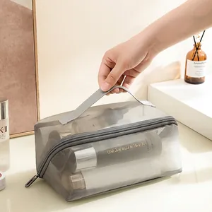 Large capacity grey mesh toiletry bag with zipper and handle for travel organization