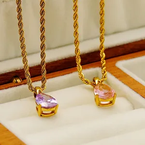 Minimalist 18K gold plated rope chain necklaces with teardrop crystal pendants in a box