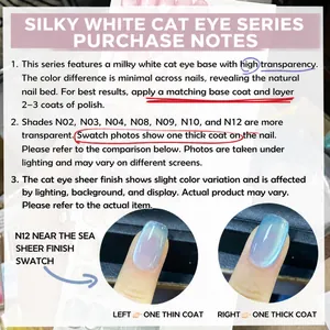 Comparison showing the difference between one layer and thick coats of pearl cat eye nail gel