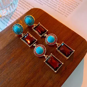 Vintage bohemian gold geometric earrings with turquoise and ruby-colored gemstones