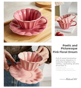 Close-up of pink petal-shaped ceramic coffee cup set with glossy glaze finish